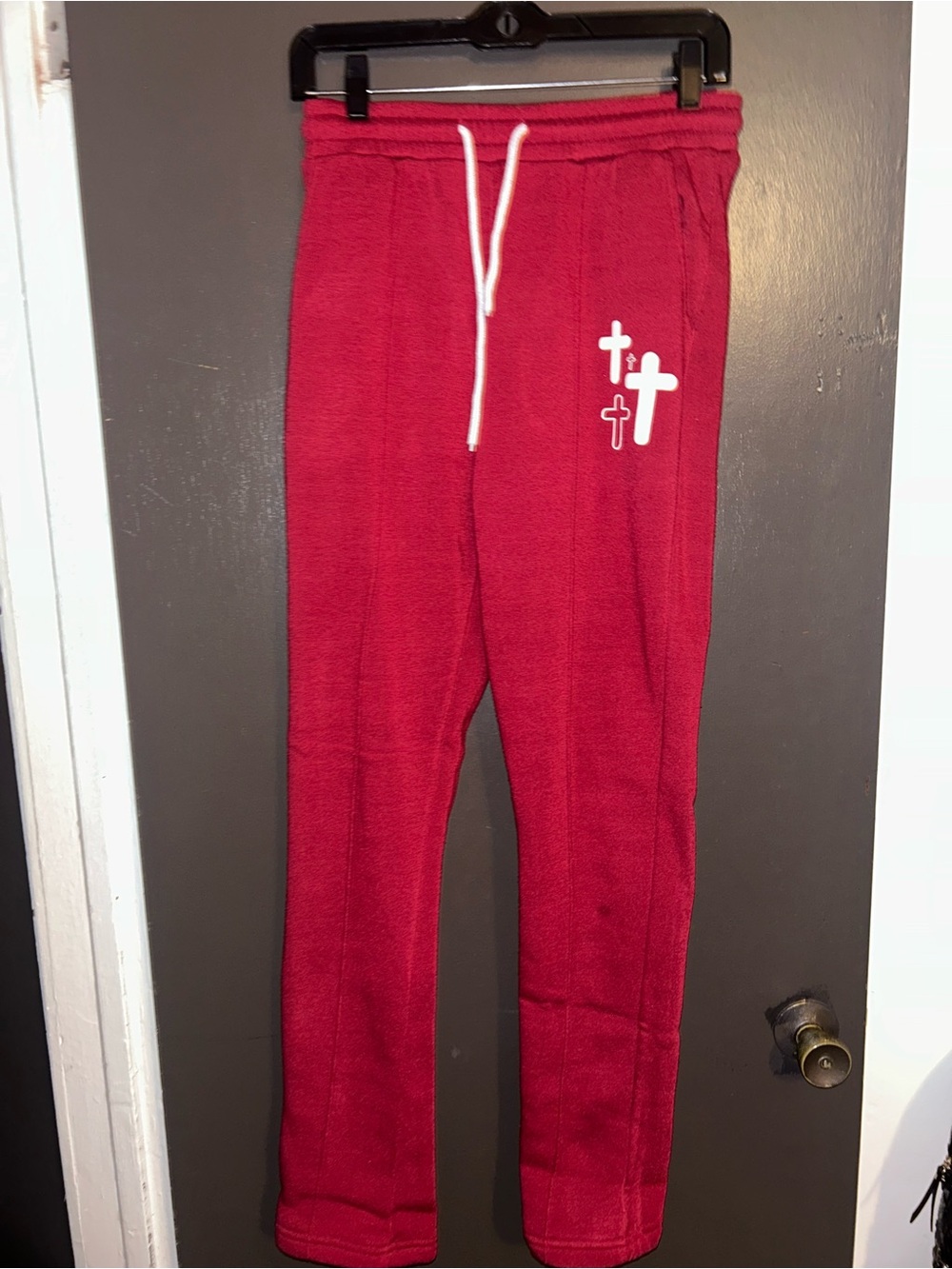 Mens Red Fleece Joggers with Cross Accent